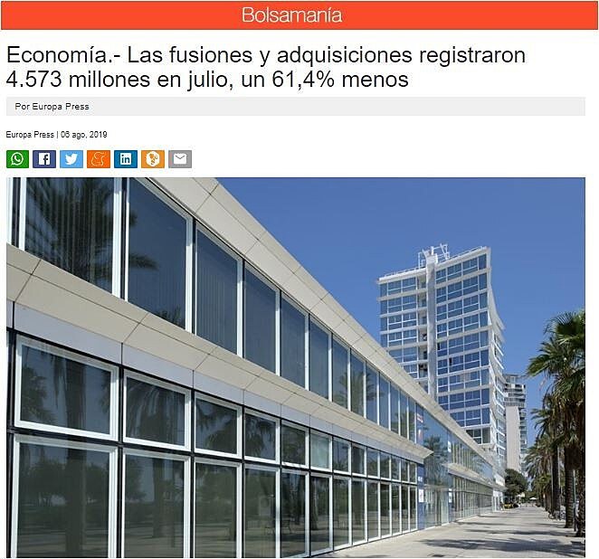 Las fusiones y adquisiciones registraron 4.573 millones en julio, un 61,4% menos